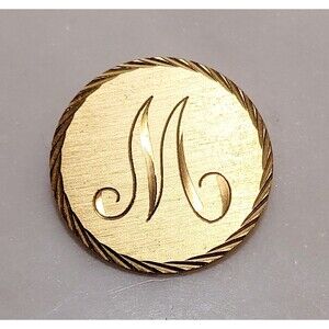 Gold Tone Engraved M Round Brooch Monogram Initial Pin Vintage Flaw